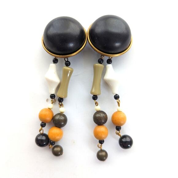 Chunky Wooden Mixed Media Beaded Statement Button Style Dangle Clip On Earrings - Picture 1 of 3